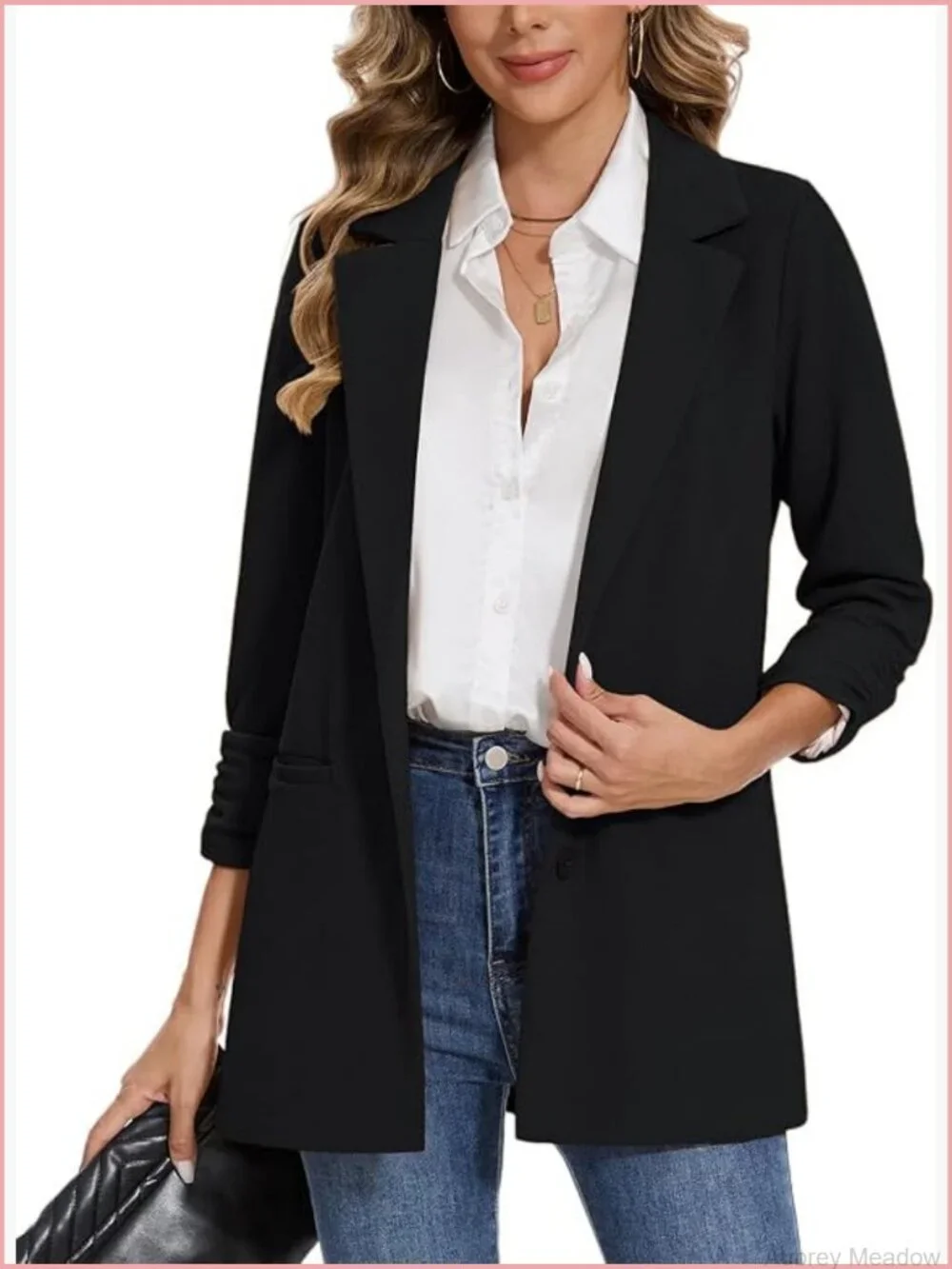 Women's Casual Long Blazer 3/4 Ruched Sleeve Lapel Button Front Work Blazer
